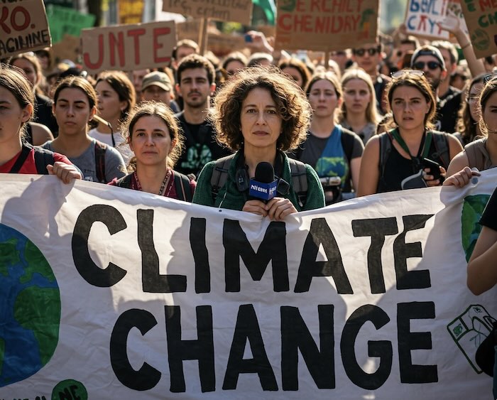Image of a journalist covering a climate change rally created with Gemini Imagen 3 AI by Media Helping Media