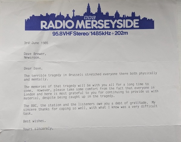 Letter sent to reporter after covering the Heysel stadium disaster