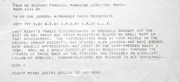 Letter sent to reporters after covering the Heysel stadium disaster