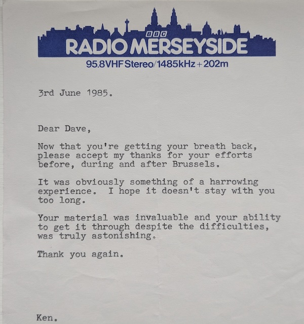 Letter sent to reporter after covering the Heysel stadium disaster