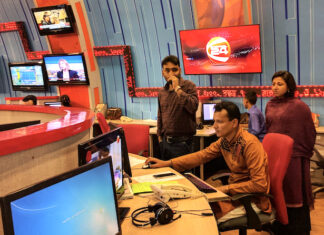 Constructing a TV news package TV newsroom in Bangladesh - image by Media Helping Media