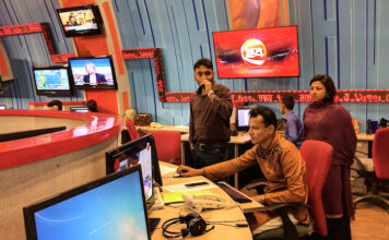 Constructing a TV news package TV newsroom in Bangladesh - image by Media Helping Media