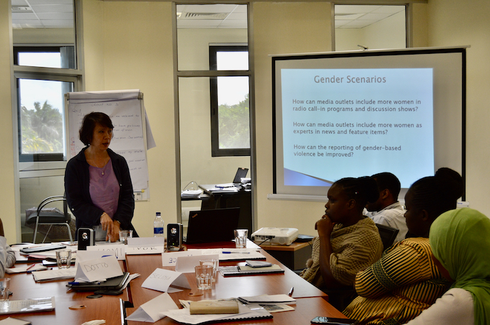 Naomi Goldsmith delivering gender training to female journalists in Tanzania