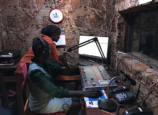 Making documentaries for radio Journalists Bakhita Aluel (seated) and Vivian Nandege at Radio Easter in Yei in South Sudan - image by Jaldeep Katwala