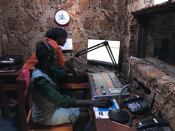 Journalists Bakhita Aluel (seated) and Vivian Nandege at Radio Easter in Yei in South Sudan - image by Jaldeep Katwala