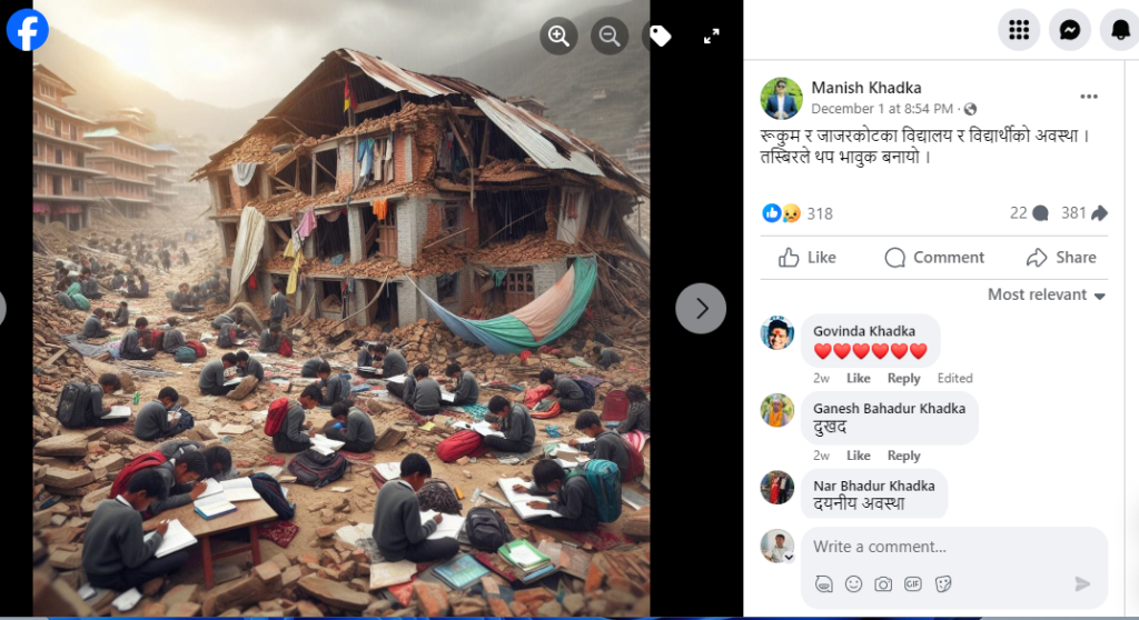 A screenshot of Manish Khadka’s post on Facebook with a caption claiming to show students in Rukum and Jajarkot