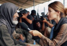 Hey AI, I’m out on a story – can you help? Image of a journalist in a refugee camp - created by Microsoft's AI Image Designer