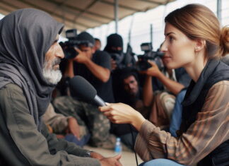 Using AI for story development Image of a journalist in a refugee camp - created by Microsoft's AI Image Designer