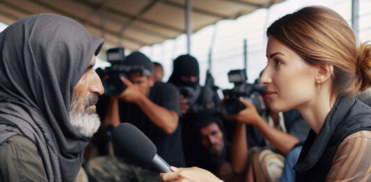 Image of a journalist in a refugee camp - created by Microsoft's AI Image Designer