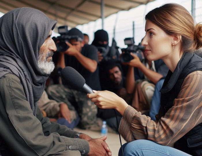 Image of a journalist in a refugee camp - created by Microsoft’s AI image creator