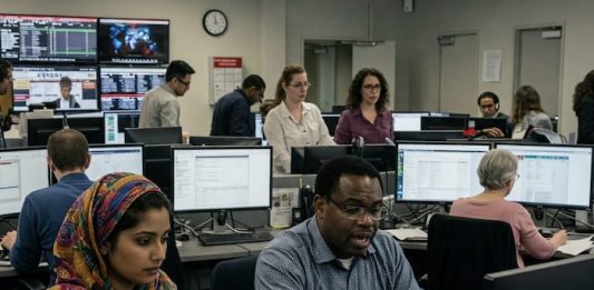 Image of a diverged newsroom created with Gemini Imagen 3 AI by Media Helping Media