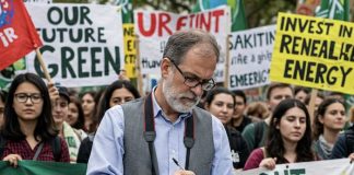 Climate change – language Image of a journalist reporting on a climate change rally created with Gemini Imagen 3 AI by Media Helping Media