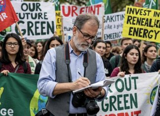 Climate change – tone and language Image of a journalist reporting on a climate change rally created with Gemini Imagen 3 AI by Media Helping Media