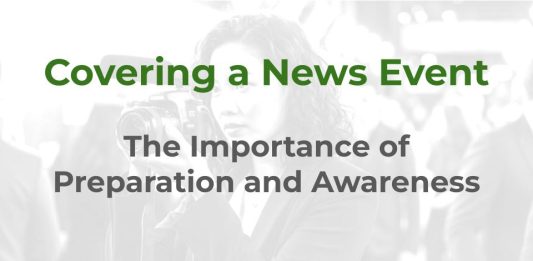 Covering a News Event - a MHM training article graphic showing a picture of a female video reporter