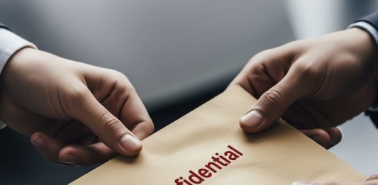 Image of a confidential document changing hands - created using Imagen 3 by David Brewer of MHM