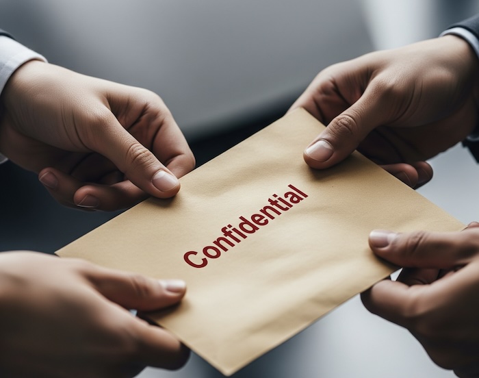 Image of a confidential document changing hands - created using Imagen 3 by David Brewer of MHM