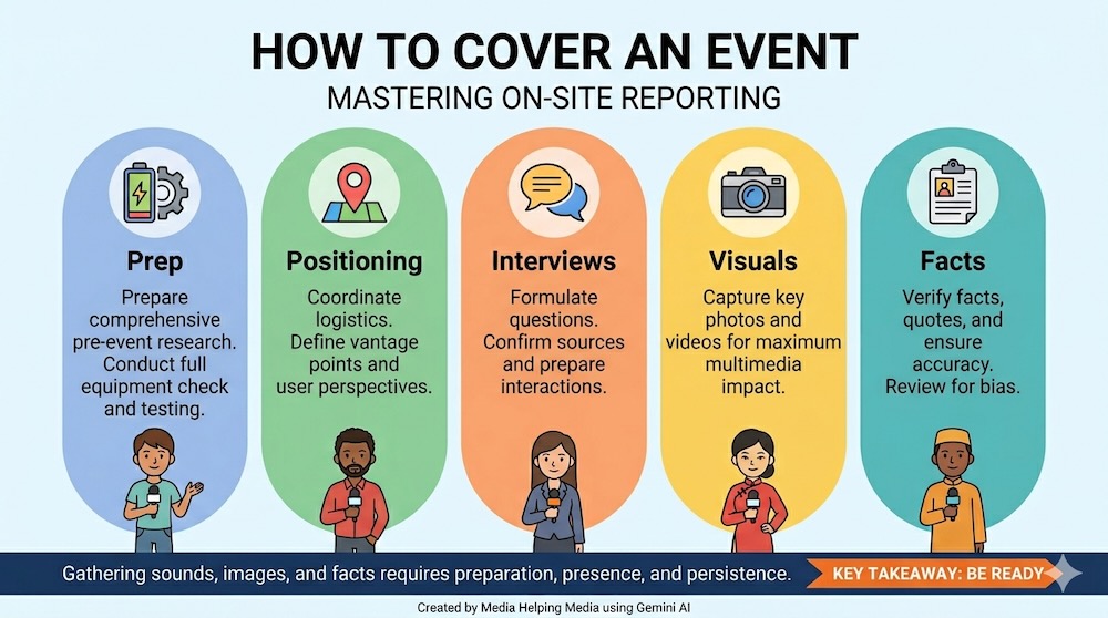 Covering a news event  infographic created by MHM using Gemini AI