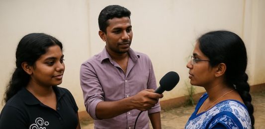 Interview training for radio journalism students in Jaffna, Sri Lanka, image by David Brewer of Media Helping Media