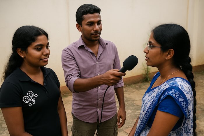 Interview training for radio journalism students in Jaffna, Sri Lanka, image by David Brewer of Media Helping Media