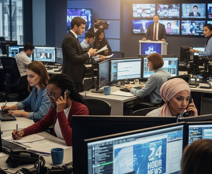 Image to illustrate a 24-hour newsroom - created using Imagen 3 by David Brewer of MHM