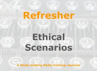 Refresher: Ethical scenarios when covering news Graphic for a one-day refresher course on Media Helping Media