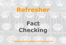 Refresher: Fact-checking for journalists Graphic for a one-day refresher course on Media Helping Media
