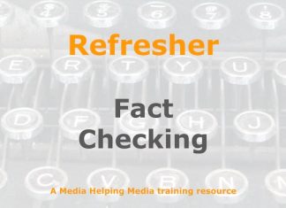 Refresher: Fact-checking for journalists Graphic for a one-day refresher course on Media Helping Media