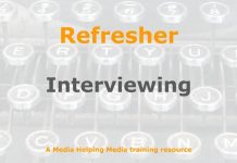 Refresher: Interviewing for journalists Graphic for a one-day refresher course on Media Helping Media