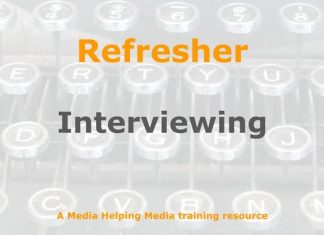 Refresher: Interviewing for journalists Graphic for a one-day refresher course on Media Helping Media