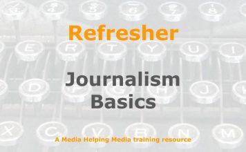 Refresher: The basics of good journalism Graphic for a one-day refresher course on Media Helping Media