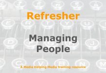 Refresher: Managing people Graphic for a one-day refresher course on Media Helping Media