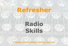 Refresher: Radio journalism skills Graphic for a one-day refresher course on Media Helping Media