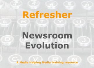 Refresher: Managing newsroom evolution Graphic for a one-day refresher course on Media Helping Media