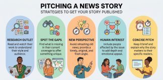 Pitching a news story to an editor Pitching a news story infographic created by MHM using Gemini AI