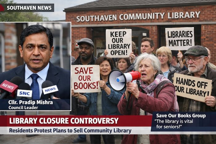 Image of protest at a library by ChatGPT