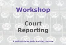 Workshop: Court reporting for beginners Graphic for a Media Helping Media workshop outline