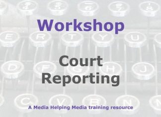 Workshop: Court reporting for beginners Graphic for a Media Helping Media workshop outline