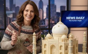 Including the human angle in journalism Image of woman and taj mahal by Google Gemini