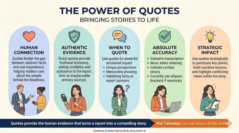 Using quotes in journalism infographic created by MHM using Gemini AI