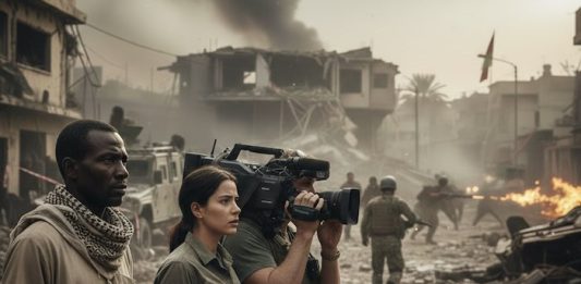 Image of journalists covering a news story created with Google Gemini