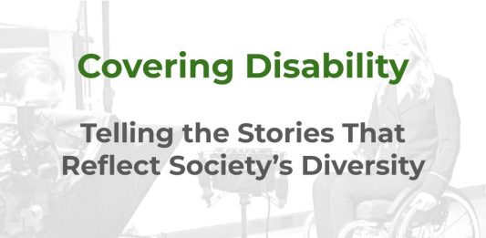 Title slide reading ‘Covering Disability: The Importance of Accessibility and Equality’, a Media Helping Media training resource. Behind the text, a faded photograph shows three colleagues talking, one of them a wheelchair user.
