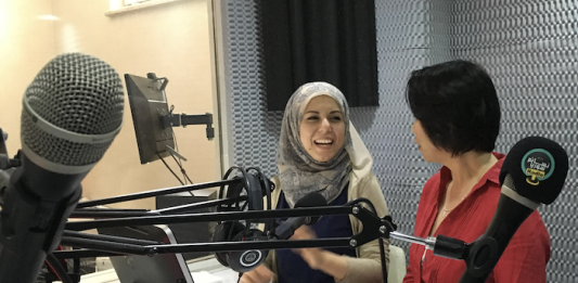 Syrian journalist being trained by the author, Naomi Goldsmith