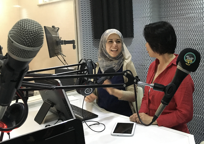 Syrian journalist being trained by the author, Naomi Goldsmith