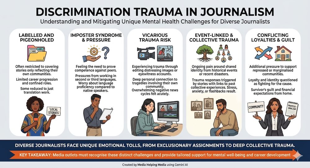 A graphic for the Media Helping Media article on discrimination trauma in journalism