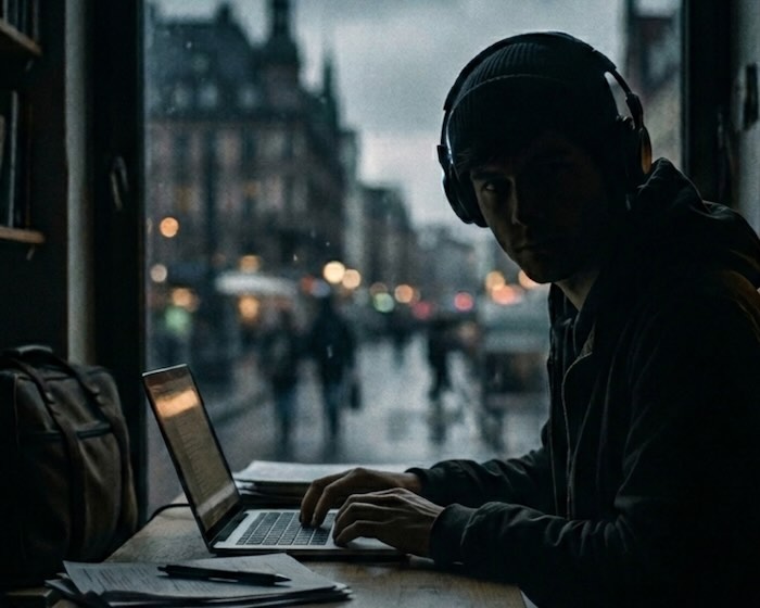 Image of a journalist working in exile - created using Gemini AI