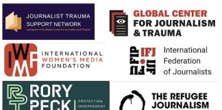 Organisations offering trauma support for journalists Graphic showing logos of organisations offering trauma support for journalists - by MHM