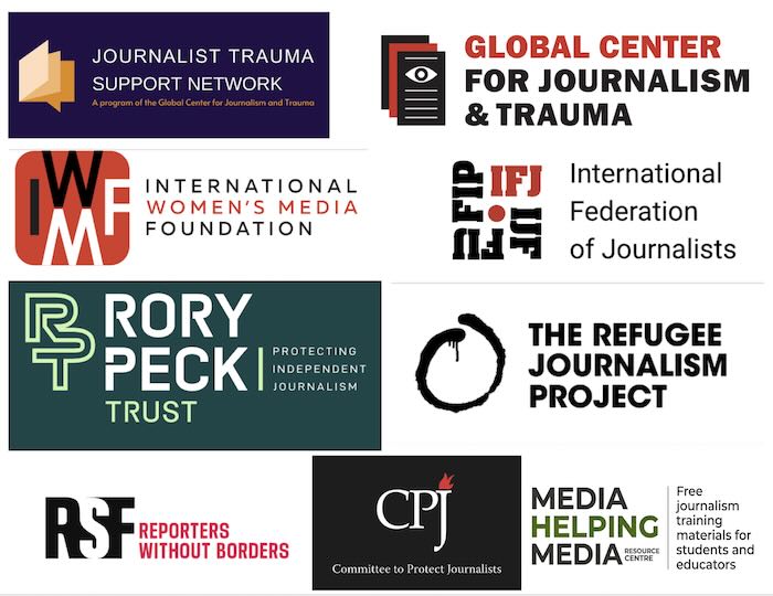 Graphic showing logos of organisations offering trauma support for journaists