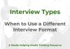 Types of interviews and when to use them Interview Types - a MHM training article graphic about different interview formats with an image of a journalist carrying out an interview