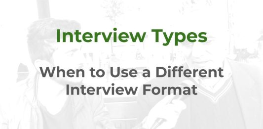 Interview Types - a MHM training article graphic about different interview formats with an image of a journalist carrying out an interview