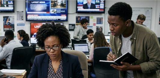 Image of a news editor working through press releases with a reporter looking on. Created by Gemini AI for Media Helping Media